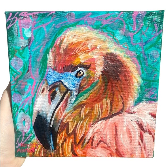 Original Art Flamingo Gallery Wrapped Canvas Painting size 8”x8” Artwork